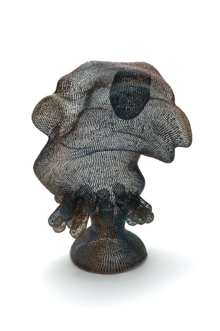 Used a crochet technique (weaving technique) to fabricate the piece. After that paint Ottchil on it and bake it in a kiln. Materials: steel wires  copper wires  brass wires  and Ottchil (East Asia lacquer)