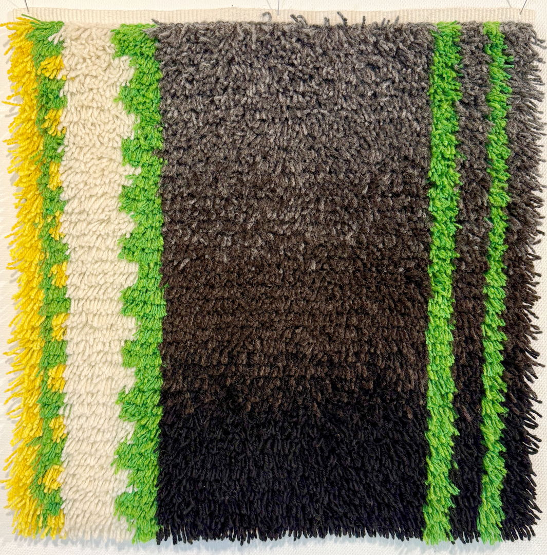 Handwoven backing of linen and wool. Hand knotted wool. Cut pile. To hang on the wall or use as a rug.