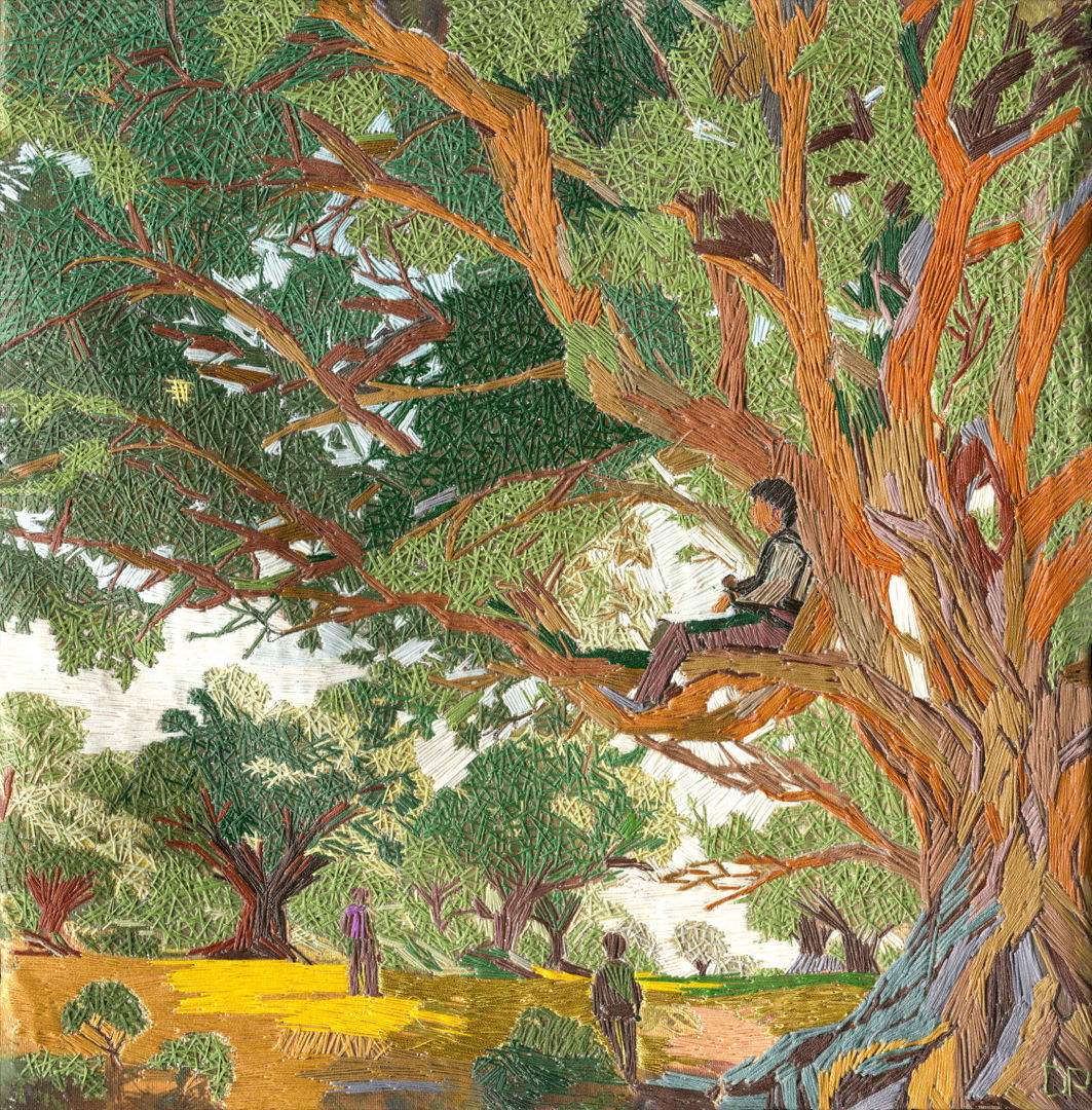This hand embroidery depicts a serene scene of a boy sitting high in the branches of a sprawling tree  immersed in a book. The rich threads bring the tree to life with textured bark and lush green foliage. Below  figures walk peacefully beneath the canopy  evoking a sense of quiet reflection and connection with nature.
