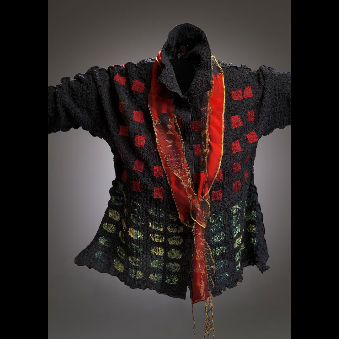 bubble silk with appliques and color removal. Scarf hand dyed with applique.