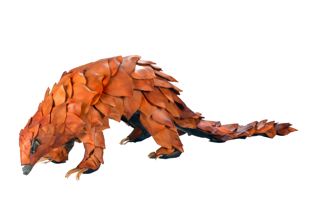 Sculptural leather creature inspired by Pangolins. Wire armature  leather body with hundreds of wet-formed and dyed individual scales stitched onto the body. Rawhide claws  stone snout.