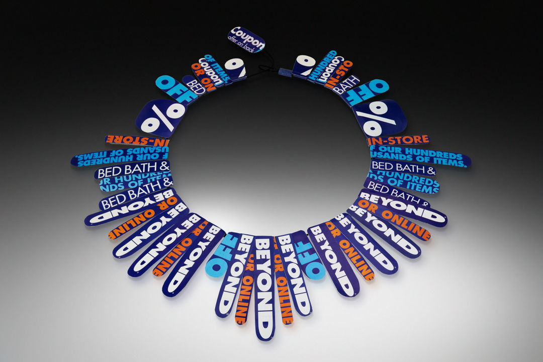 Bed Bath and Beyond Coupons are hand-formed into beads and stitched together into the form of a neckpiece. Strung on Waxed Cotton Cord. Base Metal Clasp.