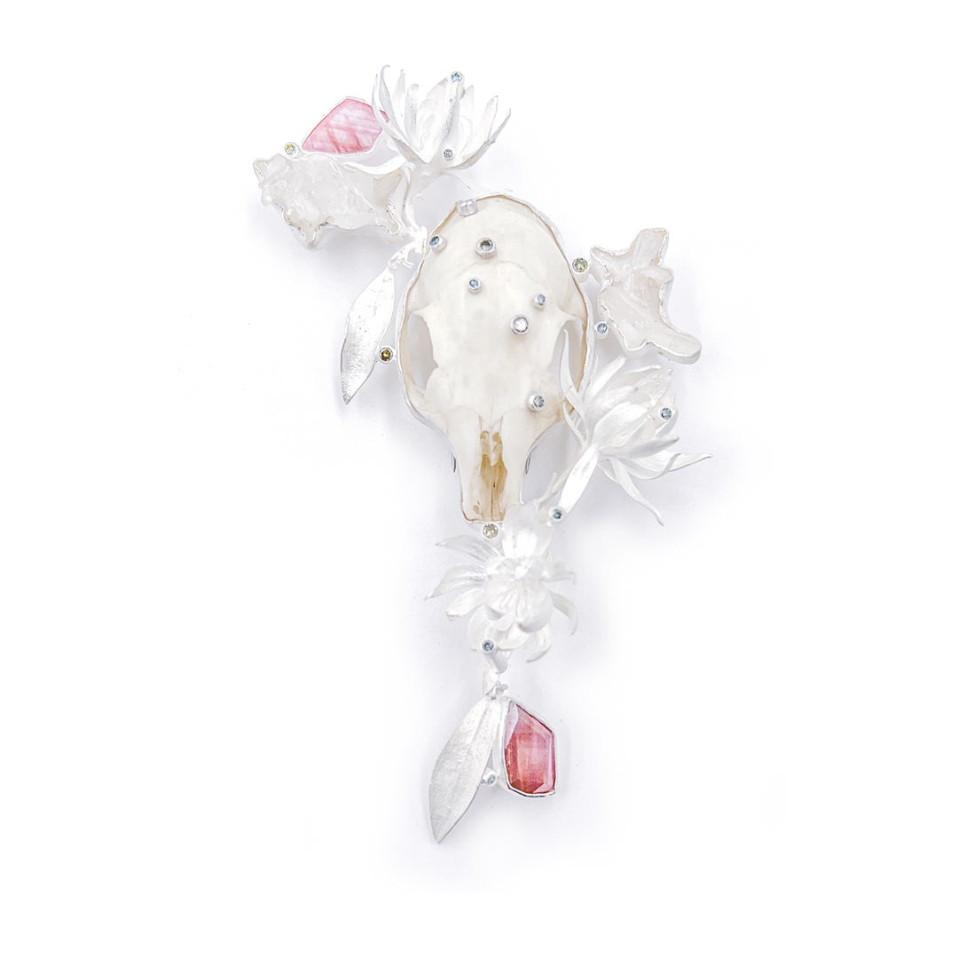 squirrel skull  green diamonds  pink sapphires  apophyllite  silver. Cast Carolina spice bush. Cast and fabricated.