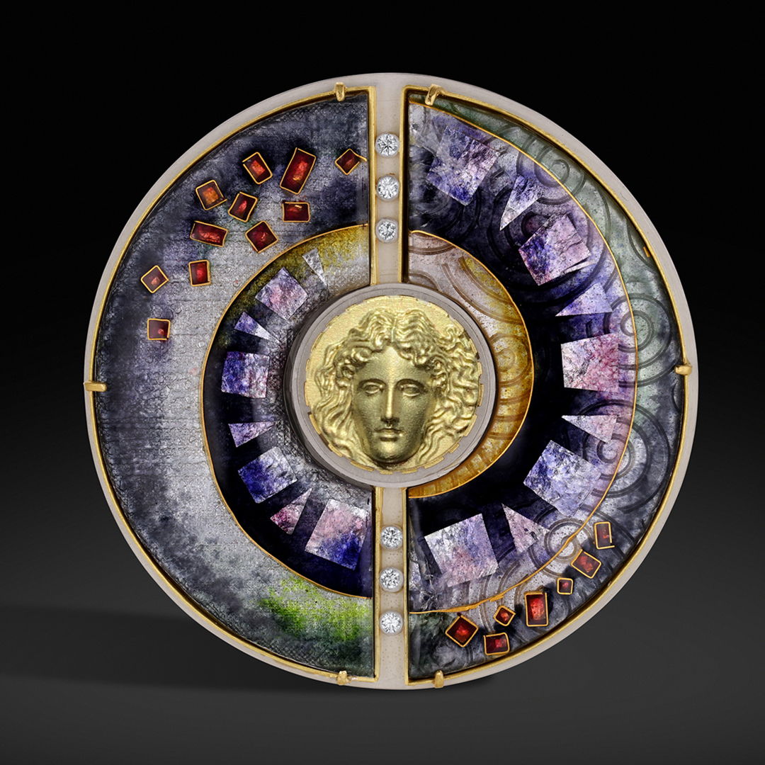 Depicting the artist in the moment of inspiration  this brooch expresses the joy and turmoil in that experience. 18k &amp; 24k gold  sterling silver  enamel  diamonds. Techniques include cloisonné and basse taille enamel  hand fabricated brooch; woman's face was sculpted in CAD  3D printed  and cast.