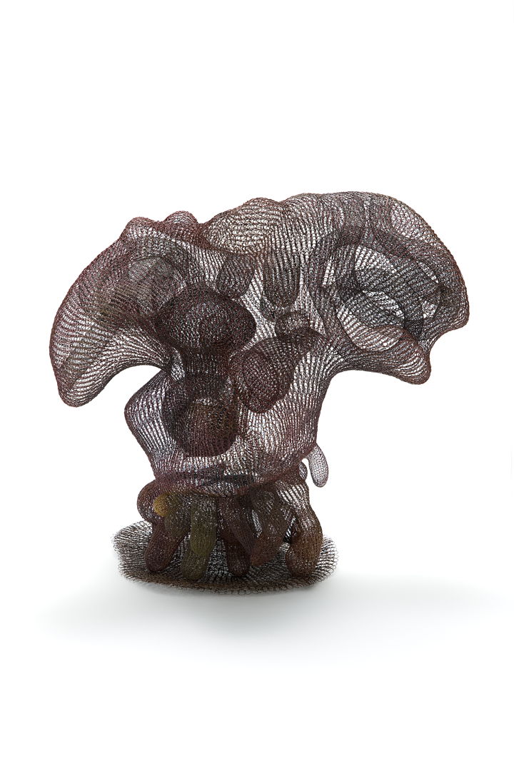 Used a crochet technique (weaving technique) to fabricate the piece. After that paint Ottchil on it and bake it in a kiln. Materials: steel wires  copper wires  brass wires  and Ottchil (East Asia lacquer)