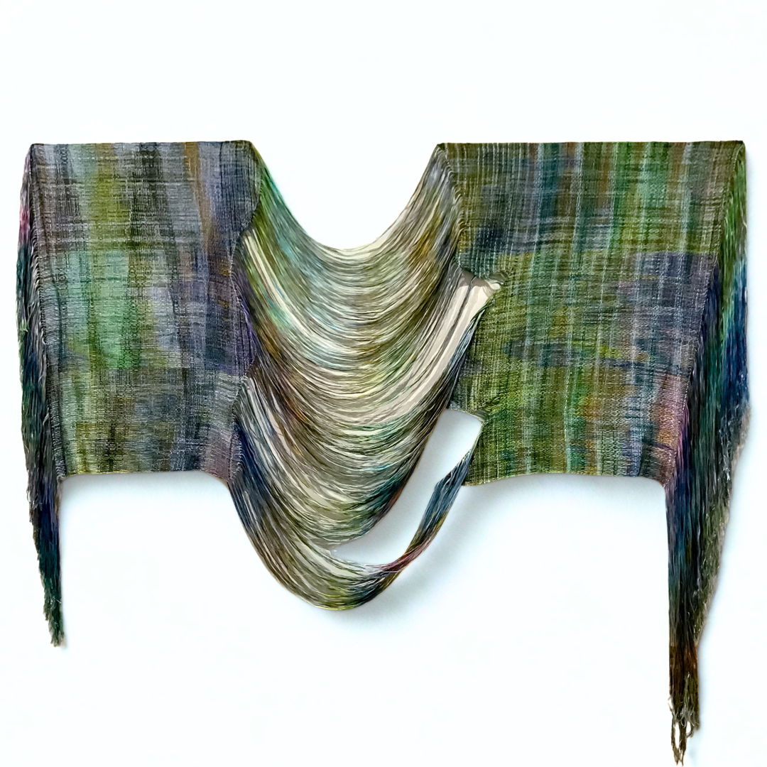 Hand painted and hand dyed tencel yarn handwoven in original design in a modern ikat style to create weft pooling. Non traditional edges woven with raw yarn included to ass movement and create various types of draping.