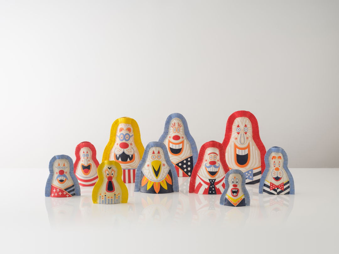 Materials: white stoneware  glazes Dimension listed is for largest piece Prices range from $175-$550 Vases are double sided with a different expression on the back side. Technique: handbuilt and underglaze painting