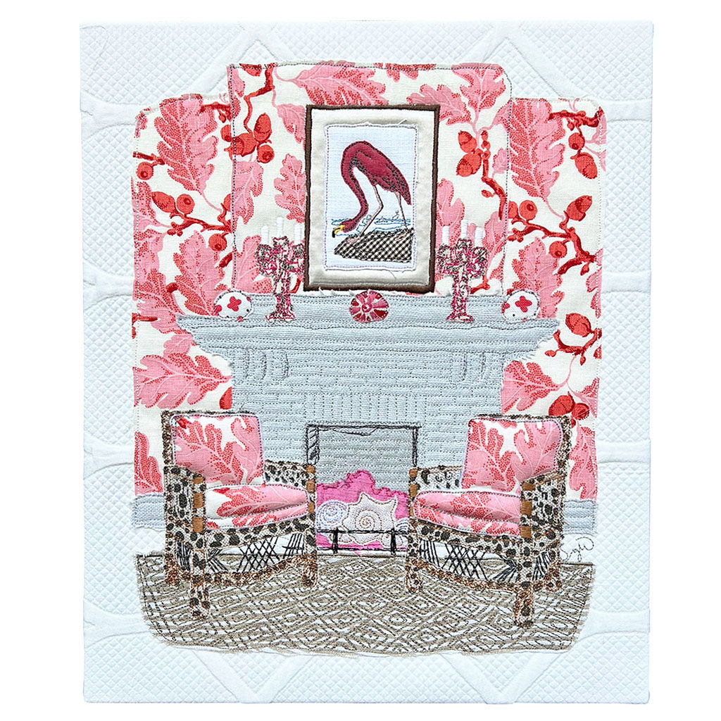 textile piece depicting a room with a fireplace, two chairs, and a picture of a flamingo