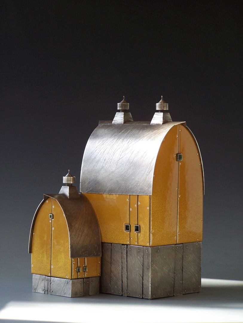 Fabricated object of sterling silver and traditional  kiln-fired glass enamel on copper. Interior skeleton of nickel silver. No casting  no production techniques. Old-school handwork.