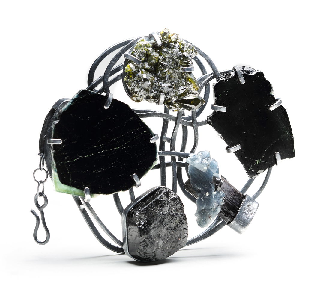 one of a kind Brooch/Pendant sterling silver  rough tourmaline  steel Minerals are set on a platform that is a reconfigured handmade chain