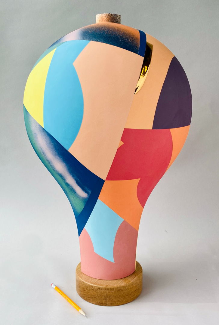 Made from thin slabs of pigmented porcelain fitted together and sanded  backed with white porcelain  cone 7 fired; additional 22k gold luster firing. Surface shows abstract imagery of locations and narratives intimate to me.