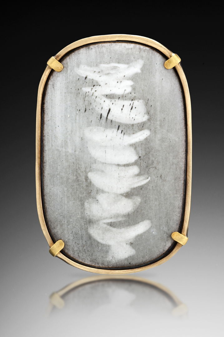 Pin/Pendant. Hand fabricated. Vitreous enamel  18K gold  22K gold  oxidized silver  copper.