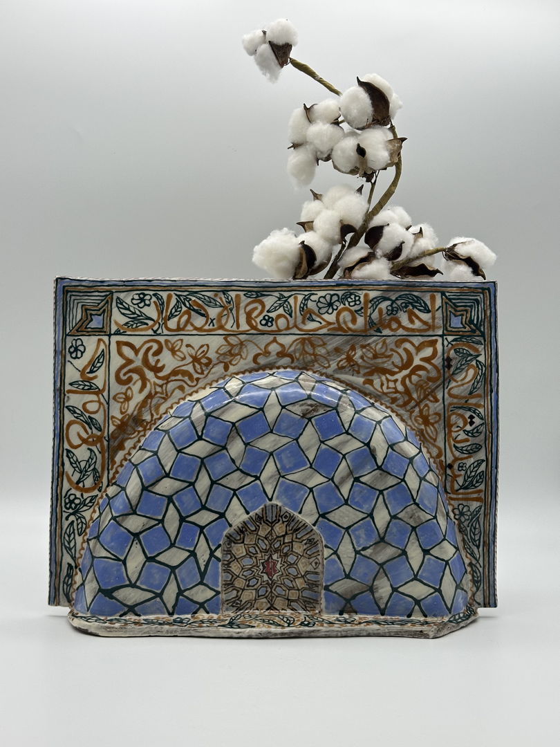 Hand built vase  depicting a recessed archway  and a wall  all hand painted  inspired by Spain.
