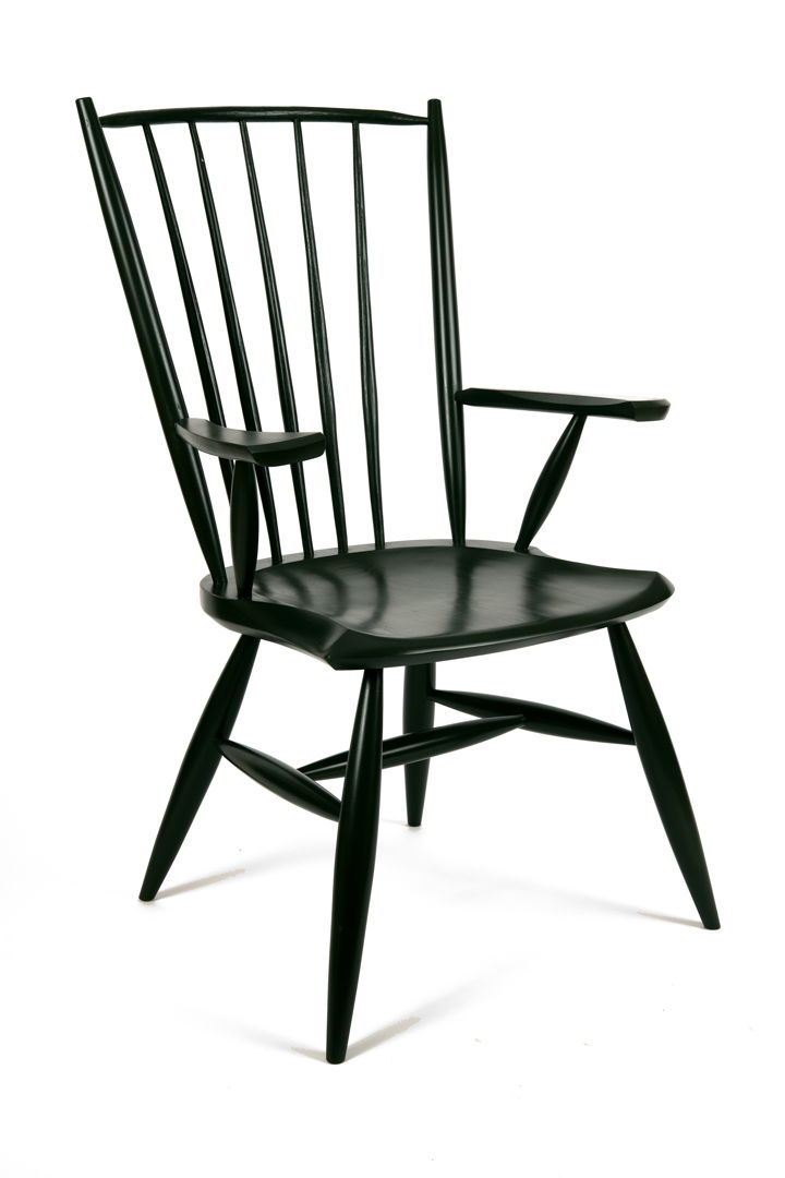 Modern interpretation of a traditional Windsor chair. Components are split from a log  steam bent and shaped by hand. Linseed oil paint finish.
