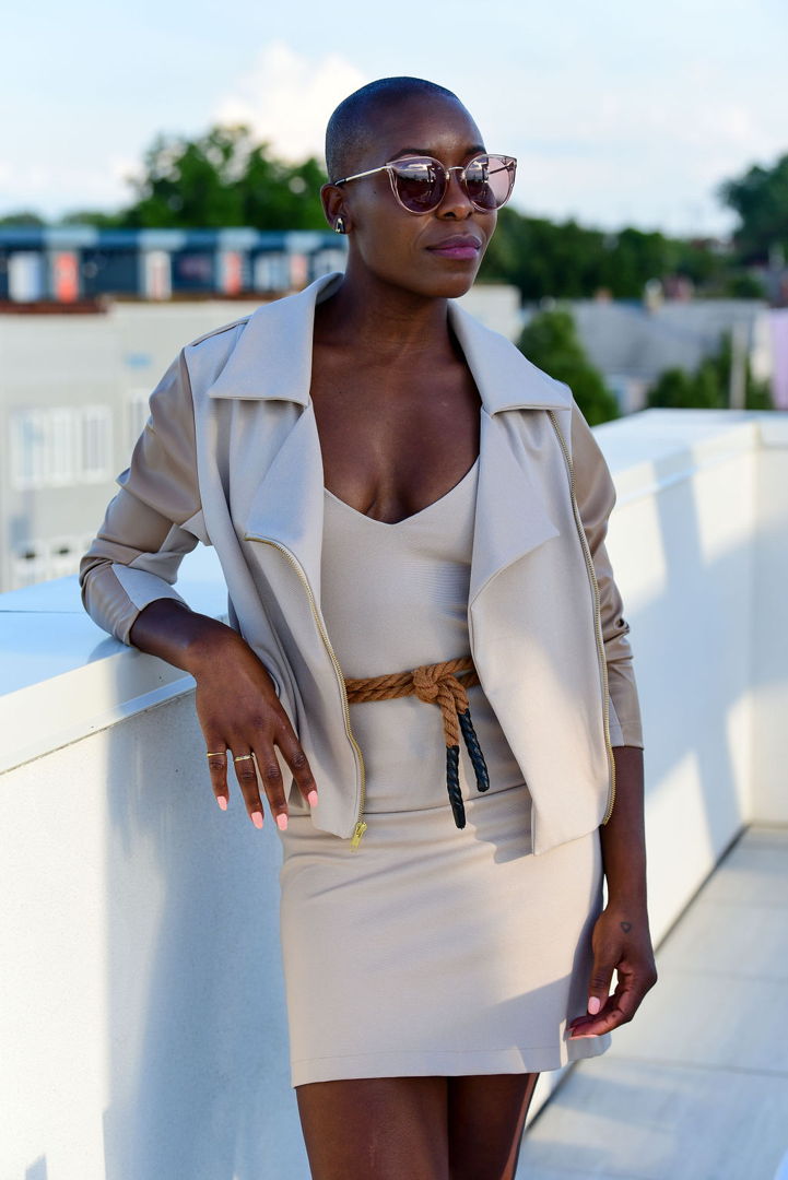 This modern Luxe Moto Jacket has full asymmetrical zip  shoulder epaulets  faux leather sleeves  and side seam pockets. Made out of Ponte knit  this piece is extremely comfortable  durable  and versatile.