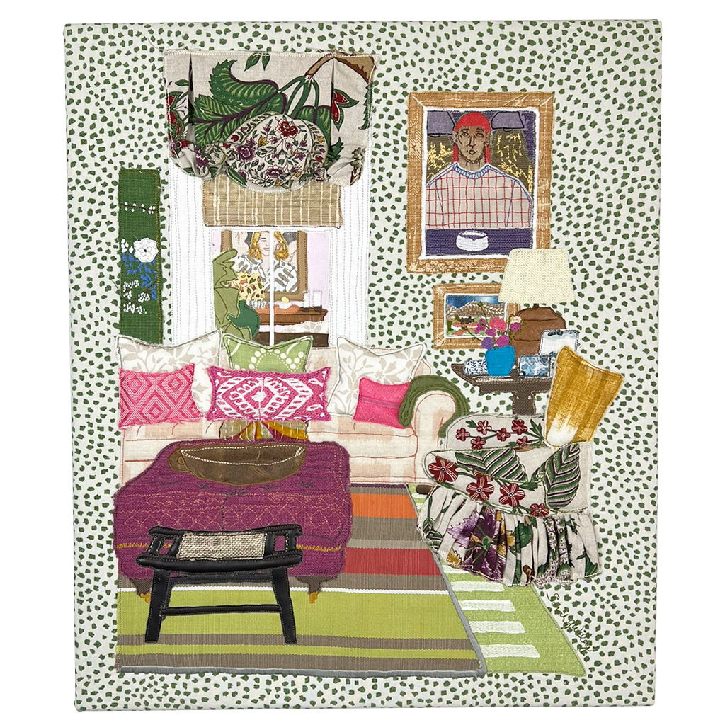 A colorful space - art-lined walls and soft seating in a room that radiates warmth and light