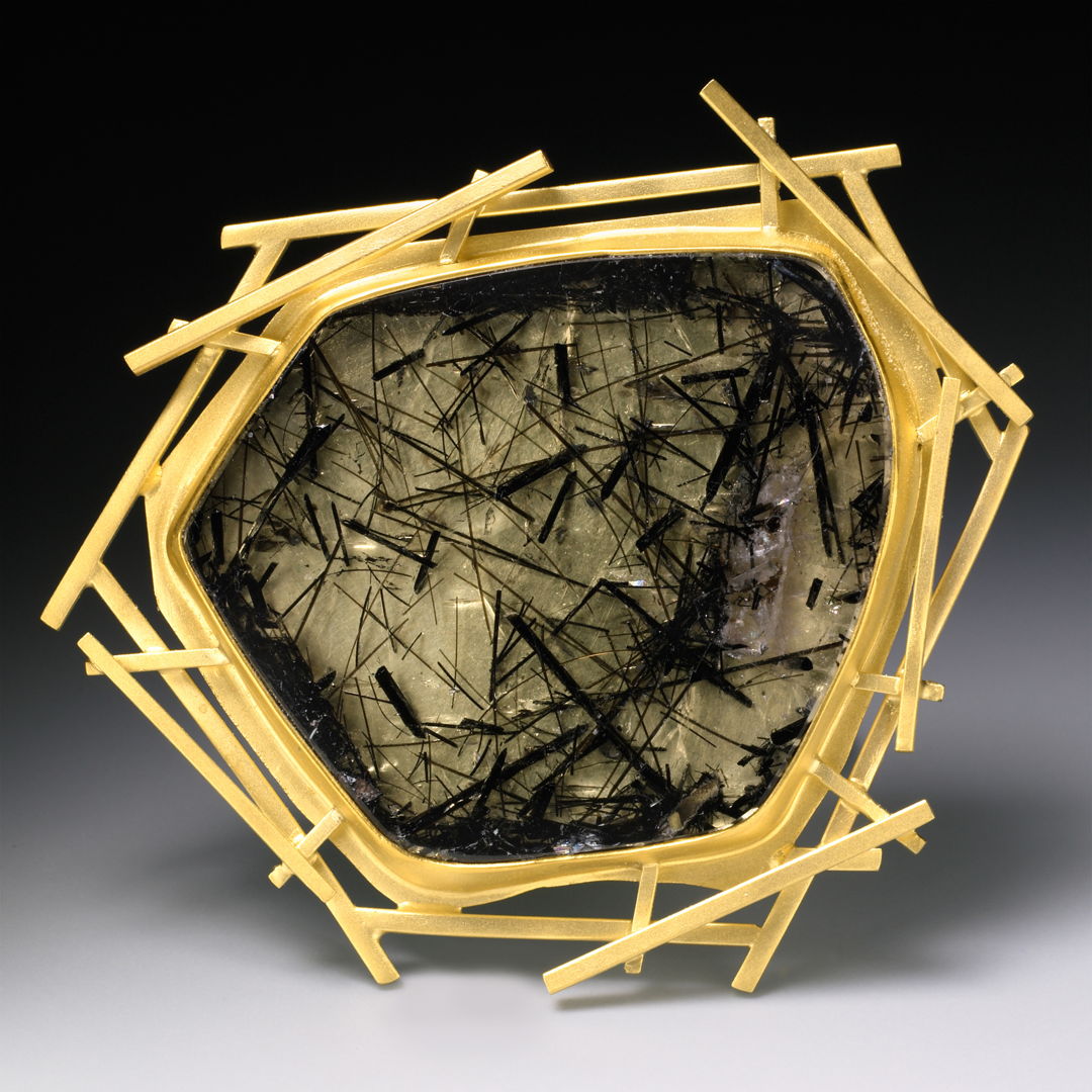 brooch-hand fabricated in 18k  22k and tourmaline in quartz