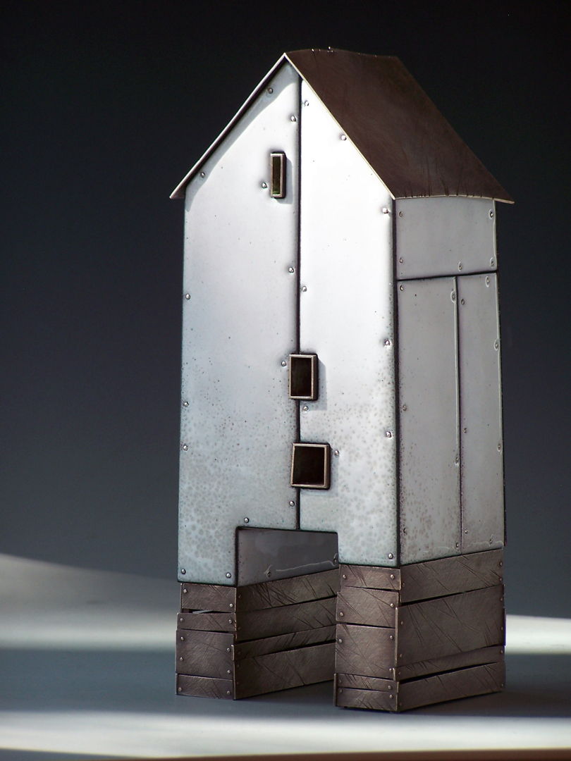 Fabricated object of sterling silver and traditional  kiln-fired glass enamel on copper. Interior skeleton of nickel silver. No casting  no production techniques. Old-school handwork.