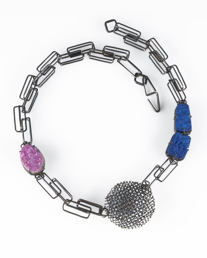 fabrication  prong setting  steel wire  steel mesh  azurite  druzy