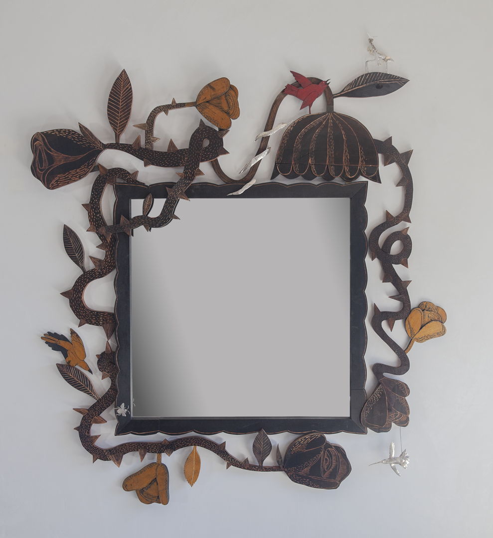 Unique Thorn Mirror Ebonized cherry with carved details and mirror