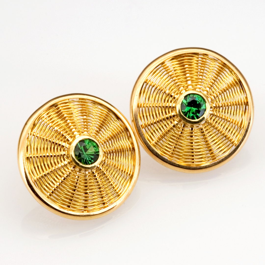 Earrings - hand woven  hand fabricated  18k &amp; 22k gold  tsavorite