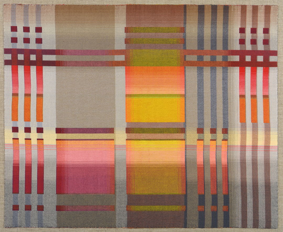 Handwoven of fine cotton thread. Finished cloth is hand sewn to a linen canvas stretched over a wooden frame to hang on the wall.