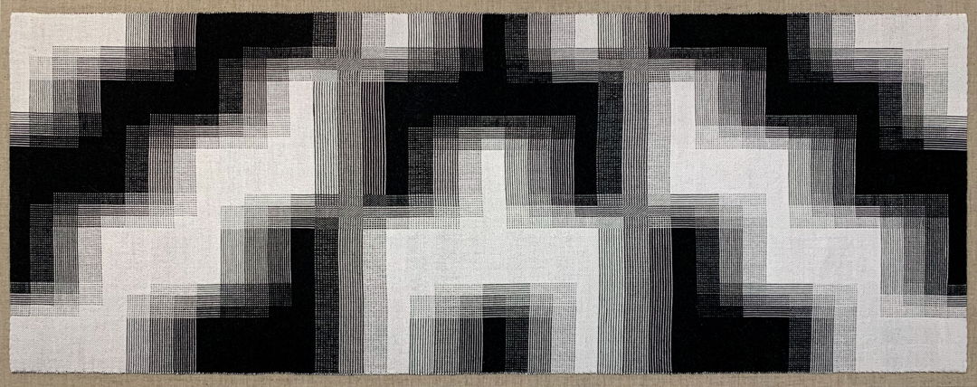 Handwoven with fine cotton thread using a complex layer transition effect in doubleweave. Finished piece is hand sewn to a stretched linen canvas to hang on the wall.