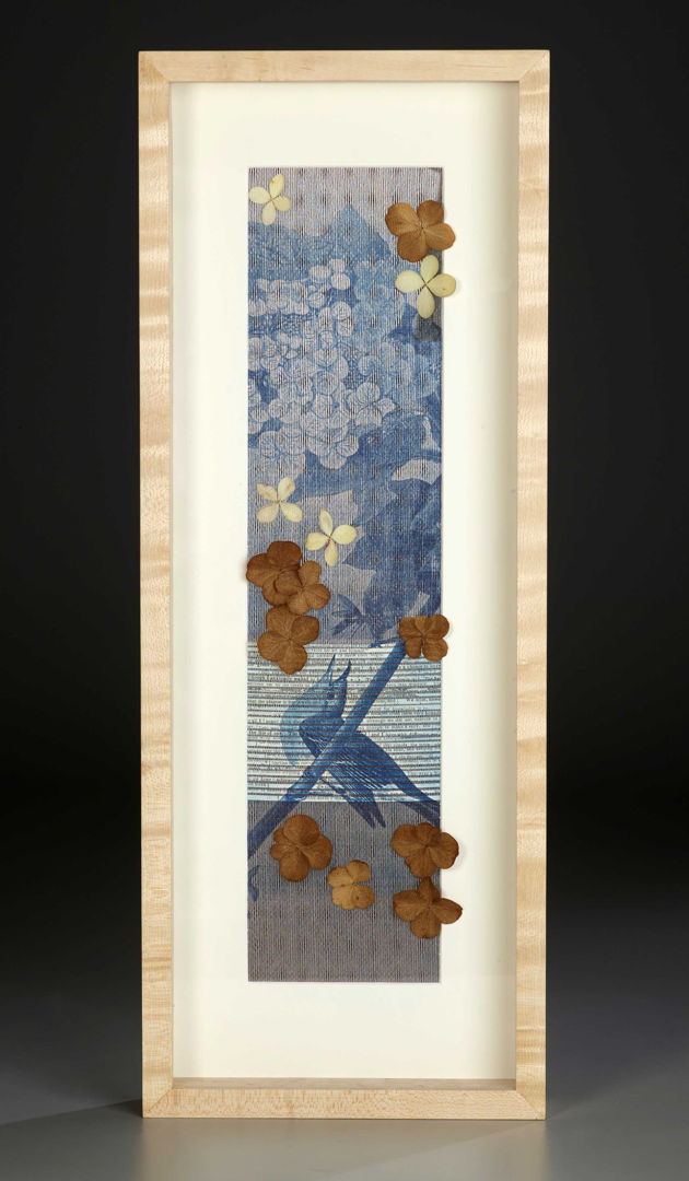 Cyanotype on handwoven silk  copper and antique text with hydrangeas  stitched.