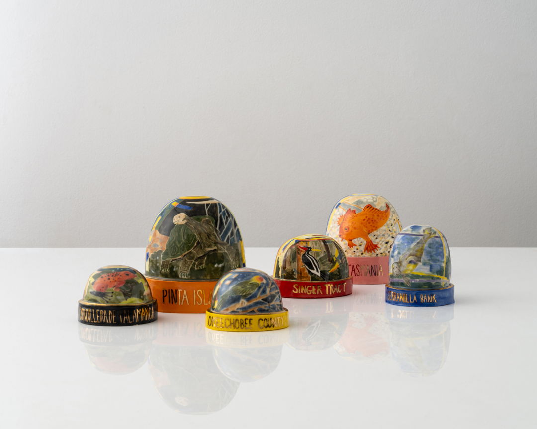 Materials: stoneware  glazes  gold luster Dimension listed is for the largest piece Prices range from $175- $450 Technique: handbuilt  underglaze painting