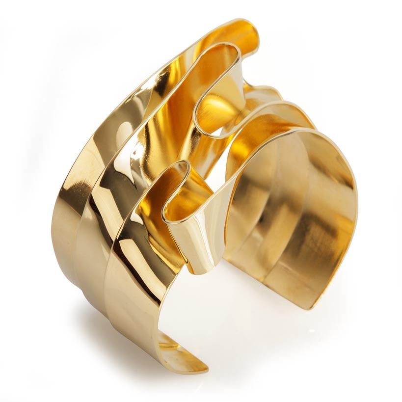 Hand fabricated brass cuff bracelet. Finished in 14k gold plate