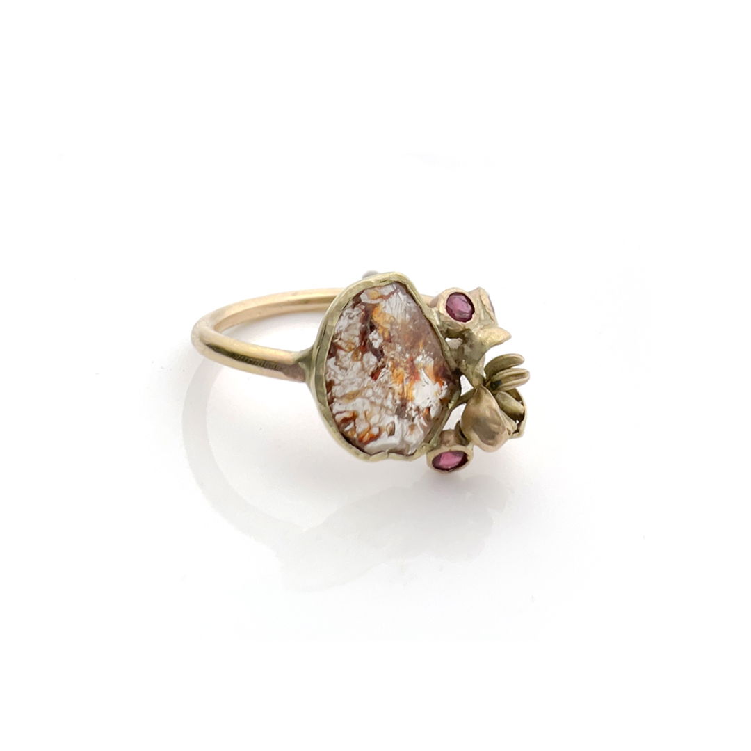 1.3ct Natural red diamond  0.27ctw rubies  recycled 14k yellow gold  akebia. Natural cast and fabricated.