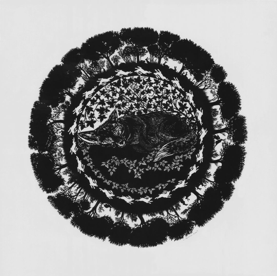 Single sheet of black paper cut with scissors mounted on matting board. "Evil bunny rabbits tempting me with their fluffy fur" Is part of the mandala series that show the predator  its prey  and the environment on which they depend on. This series highlights the interdependence of different forces.