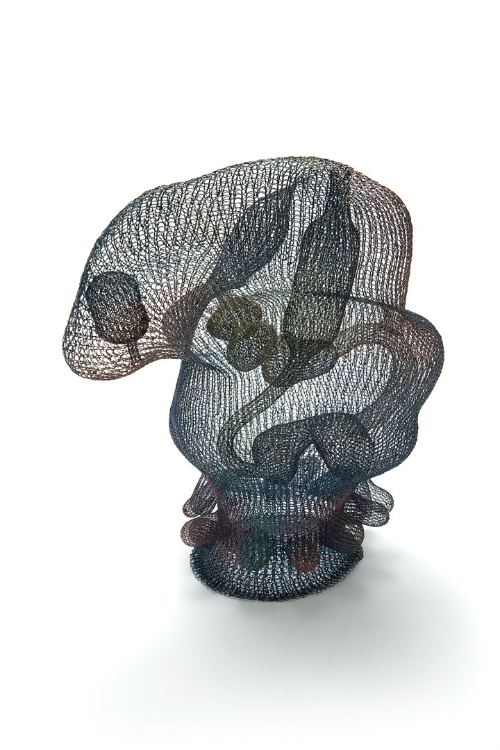 Used a crochet technique (weaving technique) to fabricate the piece. After that paint Ottchil on it and bake it in a kiln. Materials: steel wires  copper wires  brass wires  and Ottchil (East Asia lacquer)