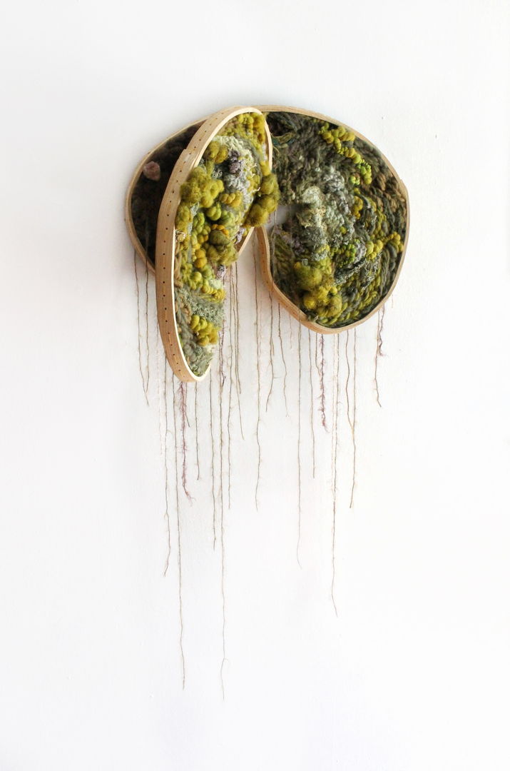 The wooden frame twists and intertwines  supporting itself as it expands off the wall. There are points of diversion and connection  referencing life cycles and interconnectedness. I hope to draw the viewer in with the visual language of moss  greenery  roots  mycelium and mushrooms  and if you look closely there is a surprise.