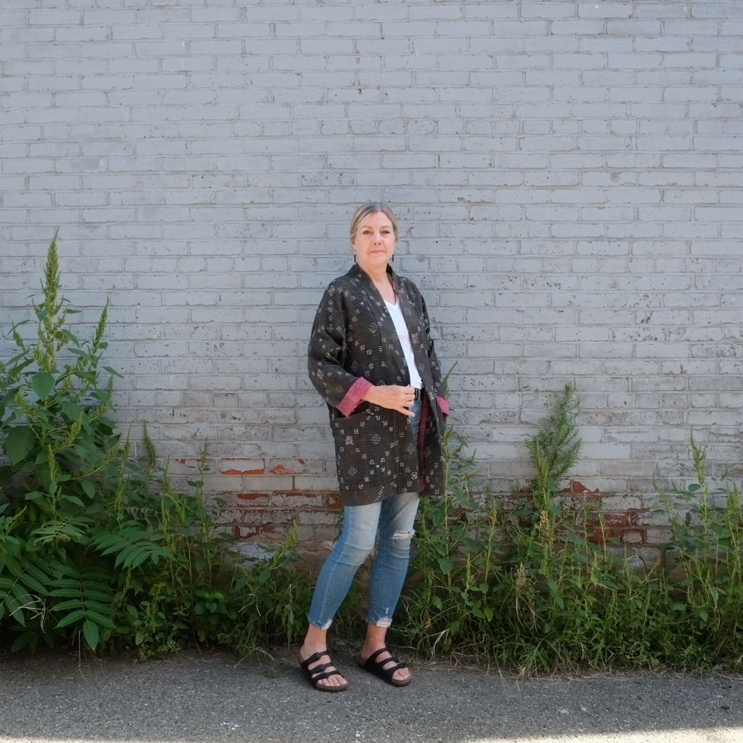 Made with traditional Bengali quilts called "Kanthas " expertly crafted from repurposed saris and fabrics  each Anoushka Jacket is a unique creation curated for your utmost comfort. These reversible jackets feature gender-neutral sizing and embrace a silhouette inspired by Asian street style.