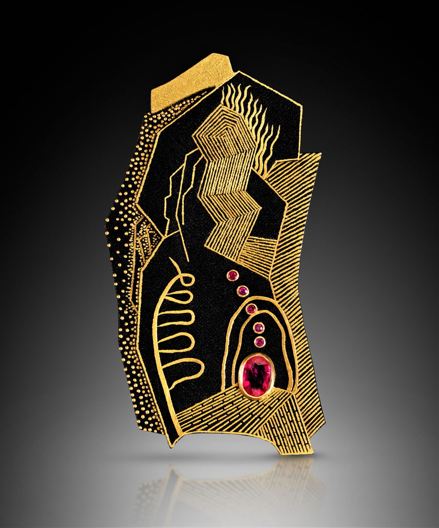 Po Mok Sang Guem (Korean Damascen 24K inlaid on Steel) Work. 24K Inlaid on Steel with Ruby. Brooch and Pendant.