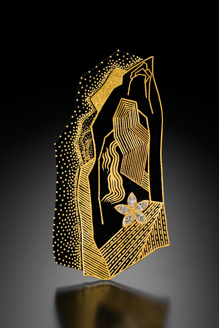 PoMok Sang Guem(Damascene  24K inlaid on Steel) work. 24K Inlaid on Steel with Diamond  Brooch  and Pendant.