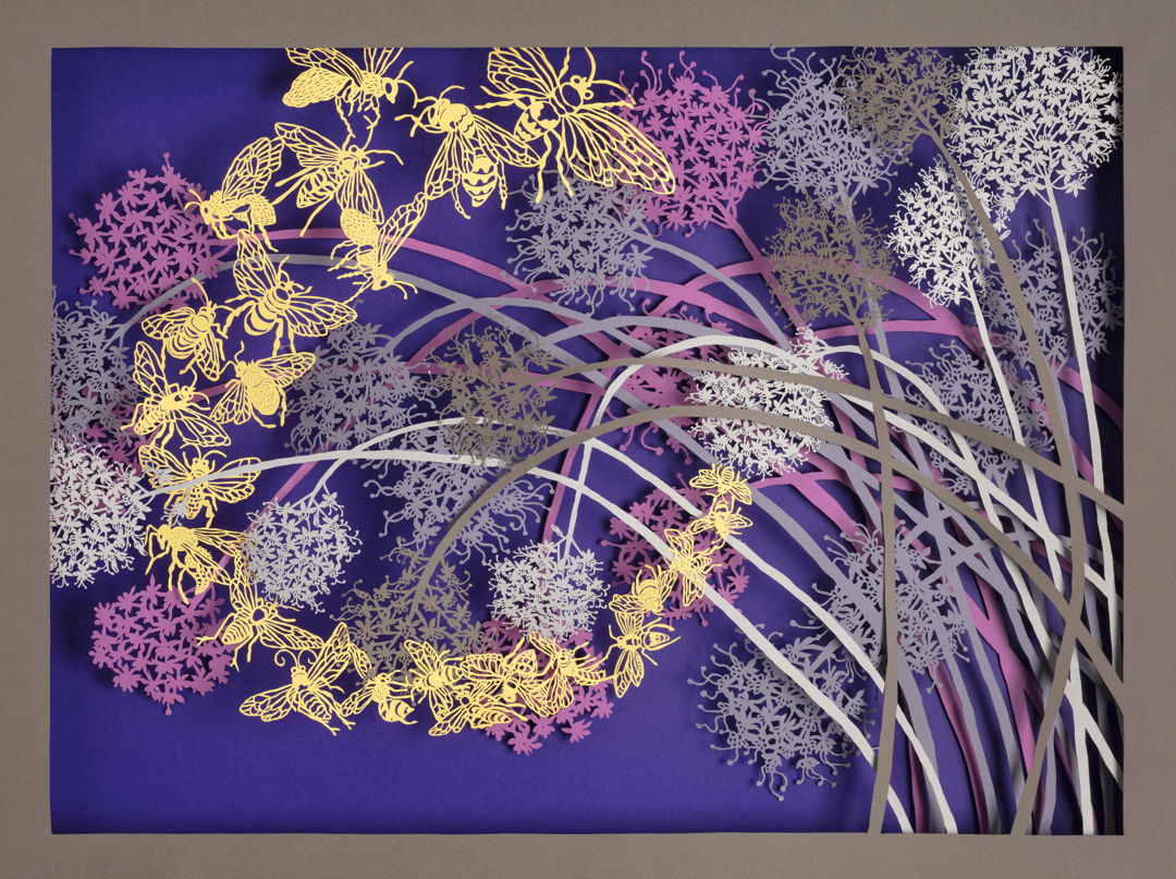 Hand-cut paper and archival foam core (to create depth which is 1.75") it's like a shallow shadow box. This piece is about bees and the loss of pollinators and loss of bee habitats. I use Canson pastel paper and cut the paper with a multitude of X-acto blades  craft knives and sometimes scalpels. Each layer is a full piece of paper  archival foam core is hidden along the edges to create depth. This is a matted and framed wall piece: this adds a few inches to below dimensions