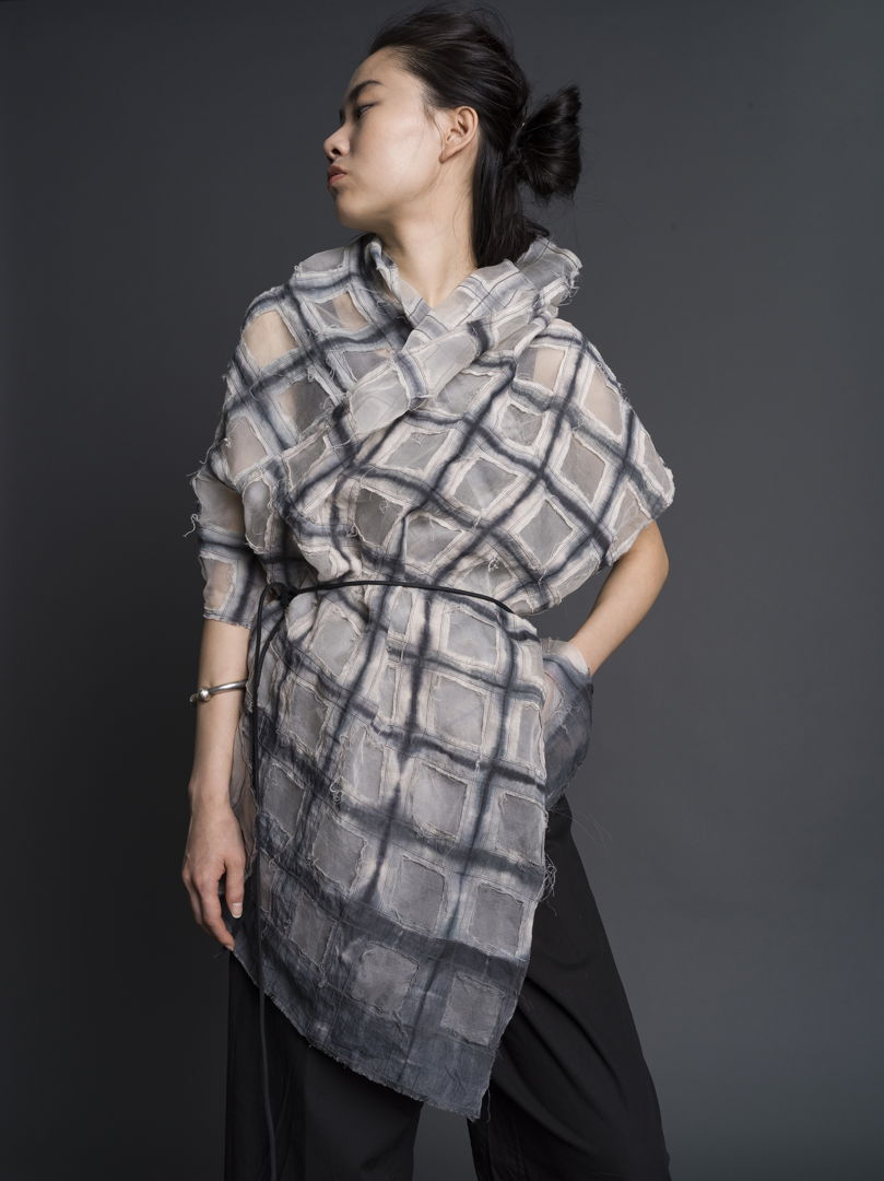 Hand-dyed itajime shibori using sustainable dyes on linen and silk organza. Stitched  hand-cut  pieced.