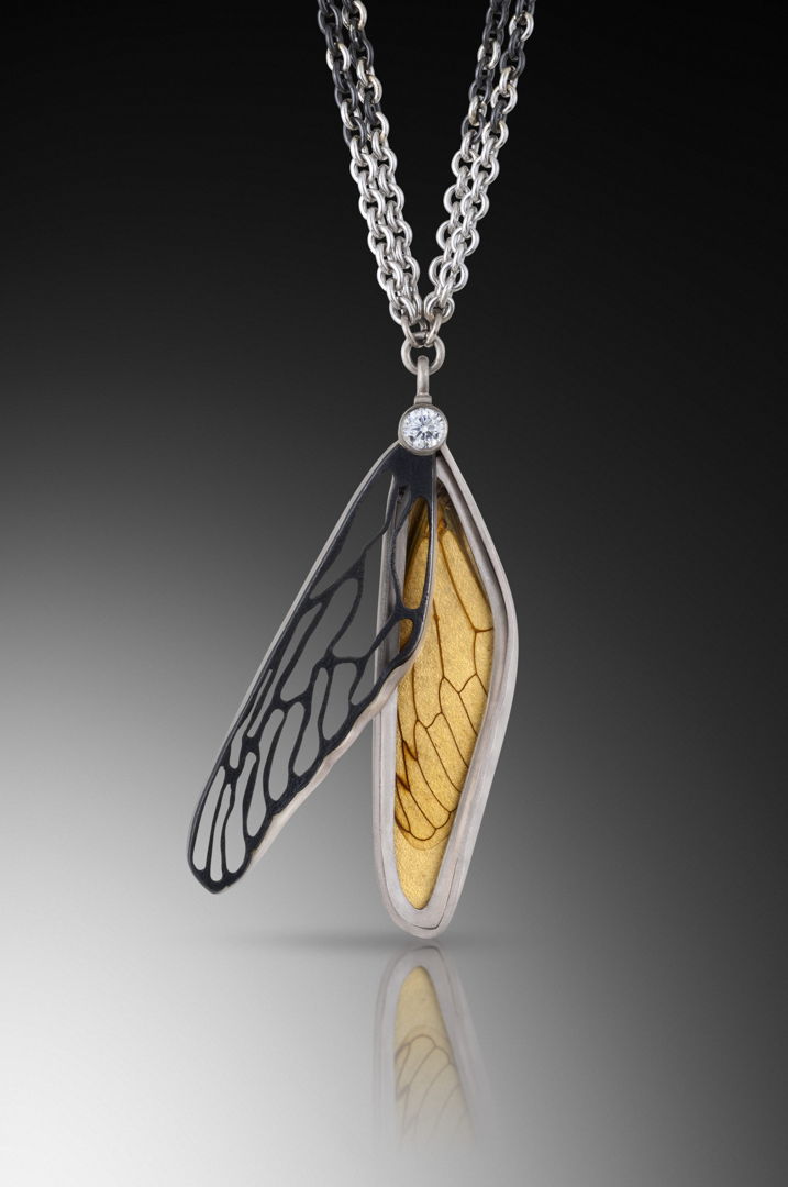 fabricated Victorian style locket 18k white gold  iron  24k white gold  dragonfly wing