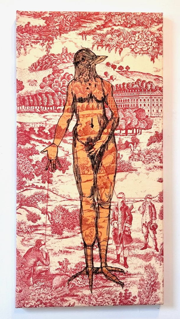 embroidered bird person on  vintage toile decor fabric.
