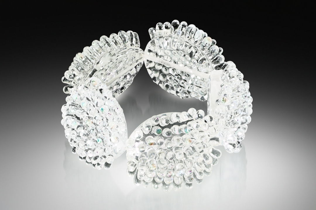 Flameworked bracelet  5 hand-sculpted beads made by hand from clear soda lime glass &amp; iridescent green dichroic glass. Each one is individually matched as closely as possible and made by adding hot glass in layers drop by drop.