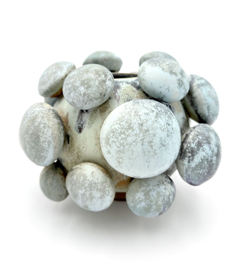 Form expressing something alive and perhaps created in nature. Ovoid vessel with puff like extensions glazed in a velvety crystal matte pale blue to navy glaze. Fired in an atmospheric soda kiln. Stoneware  slips  and glazes.