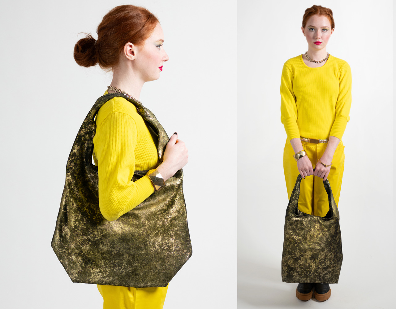 model with leather shoulder bag