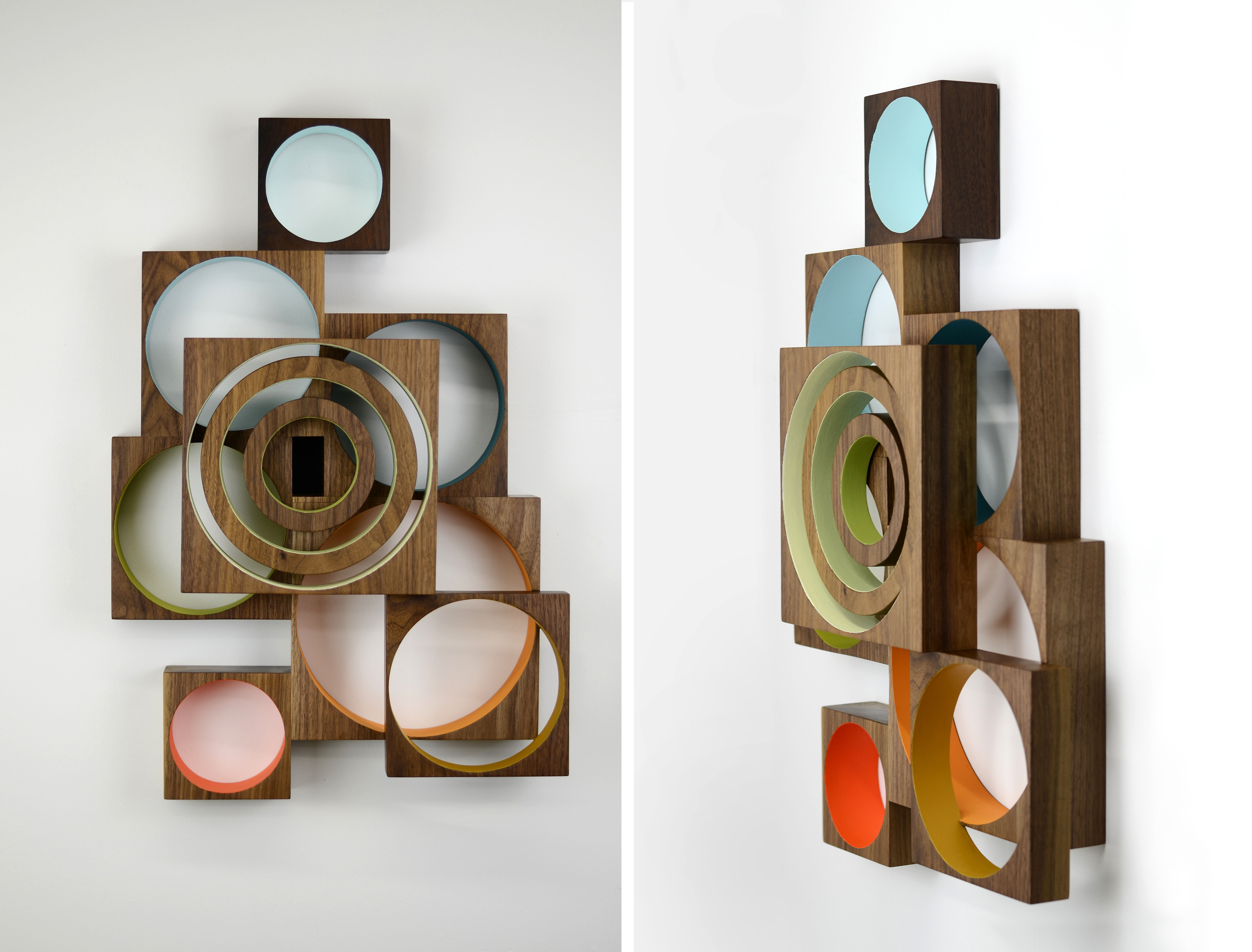 two views of a wall sculpture made up of several intersecting squares and circles