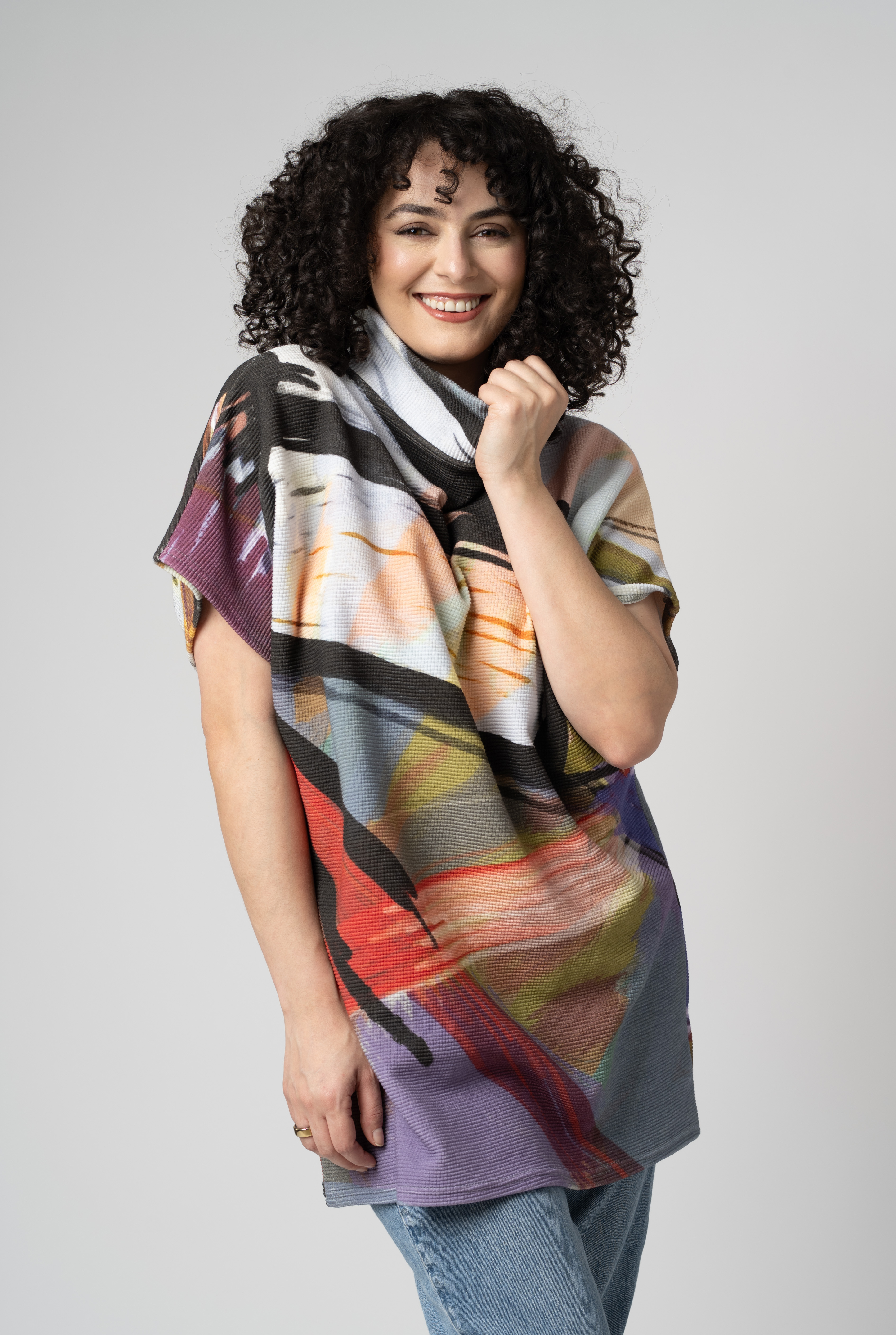 top with short sleeves and cowl neck