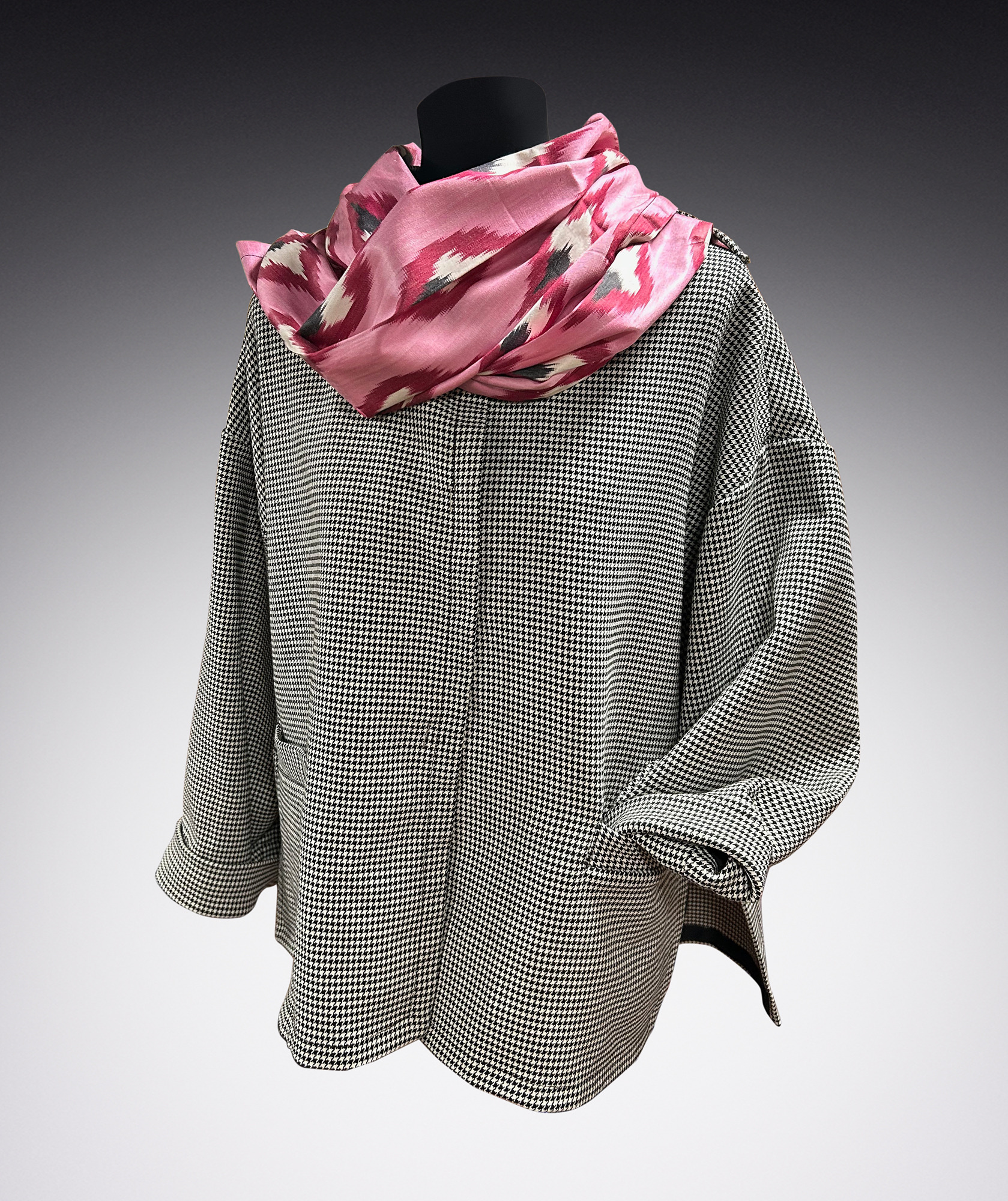 checked jacket with pink scarf