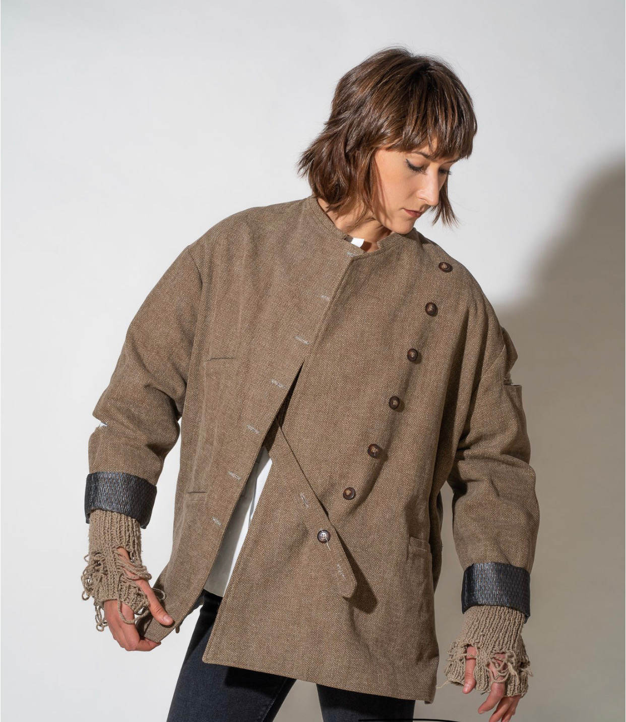 asymmetric jacket with leather distressed cuffsa