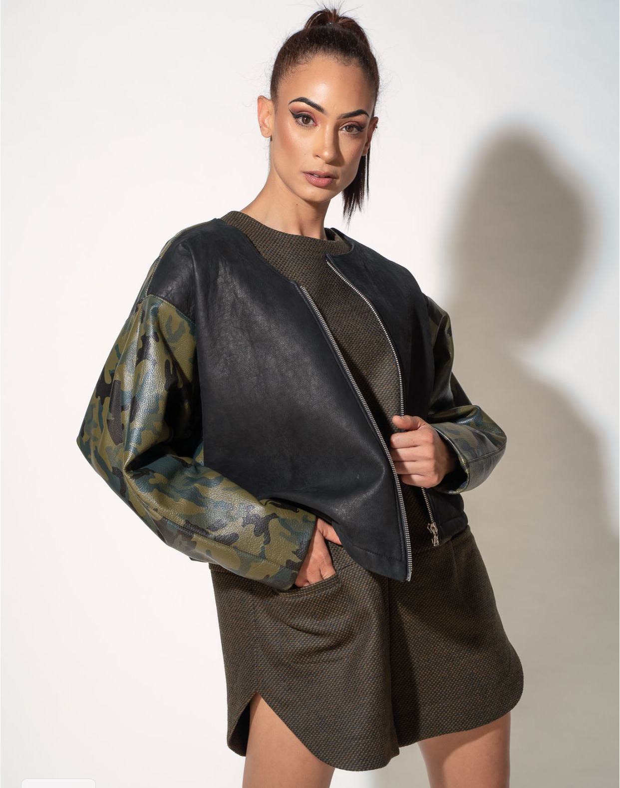 short loose dress with short leather jacket