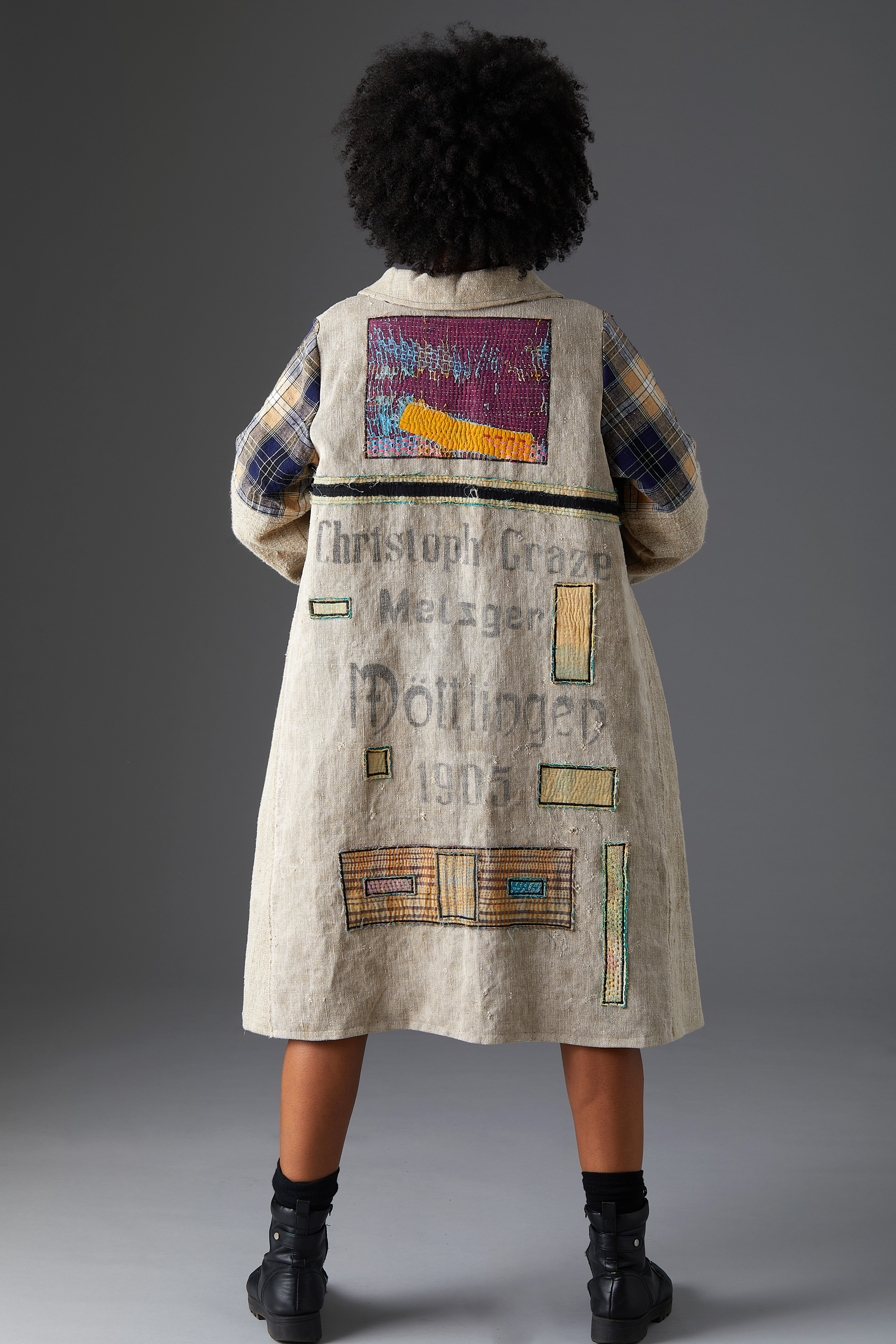 long jacket with textile printing and embroidery embellishment